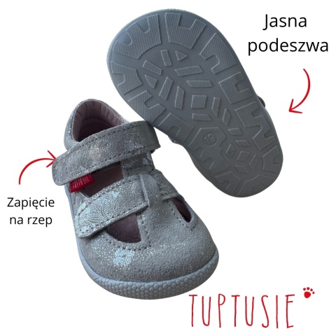 BAREFOOT Sandałki Mazurek srebro kwiatki skóra rzepa BAREFOOT Sandałki Mazurek srebro kwiatki skóra rzepa